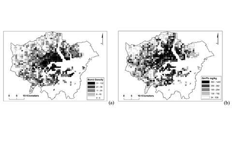 (a) Number of bomb sites, (b) GM Pb (mg kg−1) 1km grid squares for sectors of the GLA with both soil chemistry and bomb site data underlain by Brickearth, River Terrace deposits or Thames Group clays