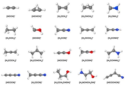 A grid of molecular fragments, each labelled with its corresponding chemical formula. The molecules include various hydrocarbons, alcohols and nitriles