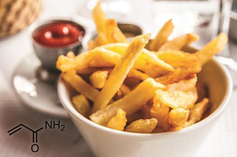 French fries in a bowl, with acrylamide structure on the side