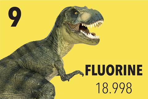 An image showing a T Rex entering the fluorine tile of the periodic table
