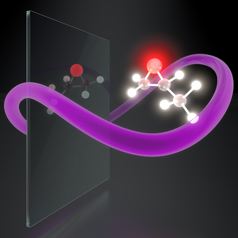 An image showing how synthetic chiral light selectively interacts with one of the two versions of a chiral molecule