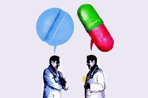 An illustration showing two people wearing lab coats, talking; speech bubbles are rendered as medicine pills