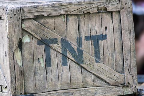 TNT. Box of dynamite. Wild West cowboy mining explosive in wooden crate painted with the letters T N T
