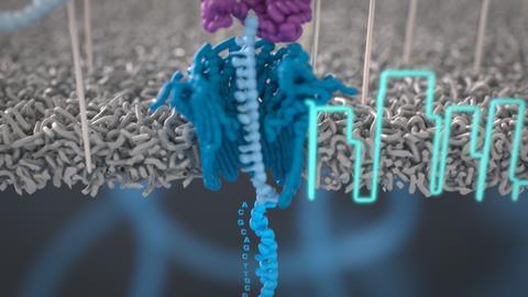 Digital artwork of a strand of DNA passing through a pore on a membrane