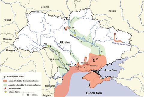 A map of Ukraine showing the locations of seven dams that have been attacked or destroyed