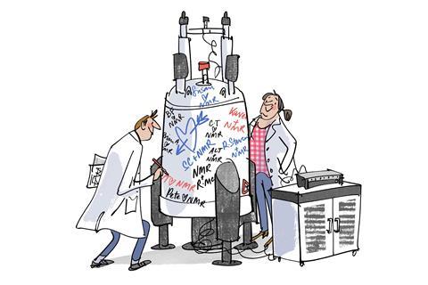 An image showing two chemists standing next to an NMR machine filled with hearts and love messages
