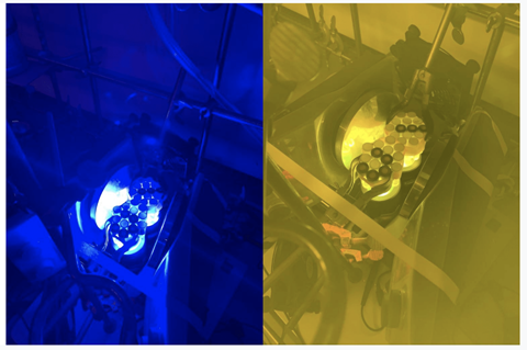 Two photos of vials in a machine through a blue and a green filter