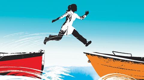 An image showing a scientist jumping from one boat to another