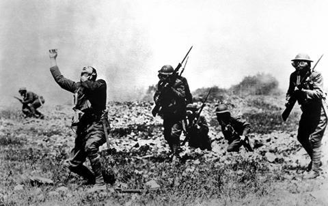 Picture posed by U.S. Army Engineer Corps, to illustrate effects of phosgene gas. Photo was taken in France, near front line trenches. WWI. 