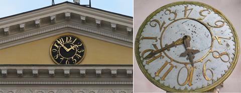 Helsinki government palace clock faces, before and after restoration