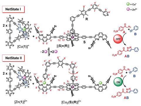 Cybernetic network between nanoswitch [Cu(1)]+ and nanorotor [Cu2(S)(R)]2+ activated by addition of zinc(II) ions