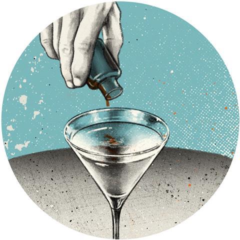 An illustration showing a poisoned drink as depicted in a James Bond film