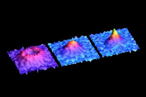 An image showing STM imaging from weak to strong spin interactions between two magnetic molecules