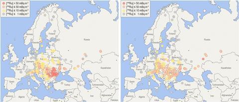 An image showing a (Left) map of uncorrected average concentrations at European stations, and (Right) map of 7-d corrected average concentrations (based on average plume duration of 7 d at each location)
