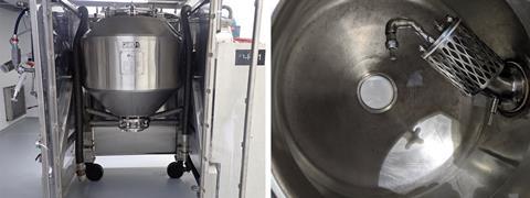 On the left is a picture of the outside of a metal cone dryer and on the right shows inside the metal drum