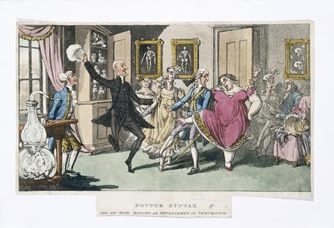 Doctor and Mrs Syntax, with a party of friends, experimenting with laughing gas. Coloured aquatint by T. Rowlandson after W. Combe.