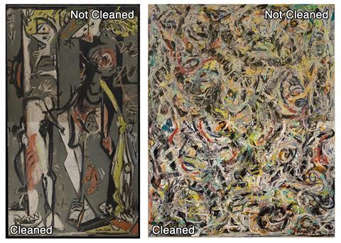 An image showing cleaned and not cleaned Pollock paintings