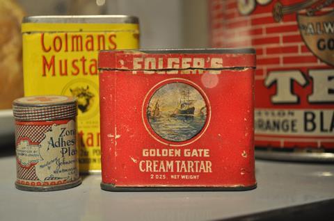 Early to mid 20th century product tins most visibly one from Folger's Golden Gate Cream Tartar, Edmonds Historical Museum, Edmonds, Washington, USA.