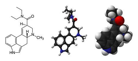 Skeletal formula and ball-and-stick and space-filling models of the lysergic acid diethylamide (LSD) molecule, C20H25N3O.