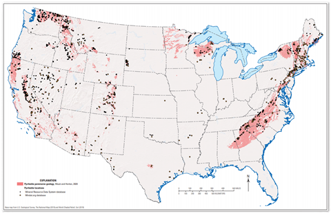 Amerika Birleşik Devletleri'ni piritit içerebilen kaya birimlerinin yerini gösteren bir görüntü