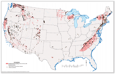 An image showing conterminous United States showing the location of rock units that may contain pyrrhotite