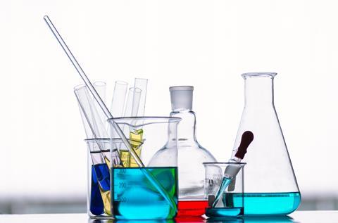 Chemistry glassware with colourful liquids