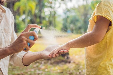 Dad spraying  insect repellent on son