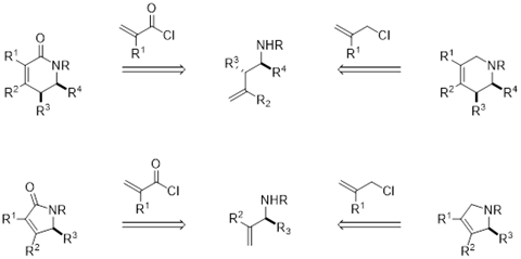 Scheme showing retrosynthetic approaches to 5- and 6-membered N-heterocycles via alkene metathesis