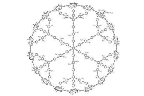 Chemical structure showing an organic ring of 18 units that include nitrogen, argon and zinc around a snowflakes like organic structure with six branches each with three subbranches
