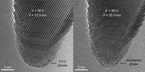 An image showing how high electrical fields induce disorder in crystalline gold causing it to melt