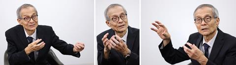 Three photos of Kenso Soai using his hands to explain something at a recent press conference