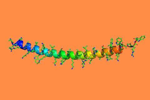 An image showing a long helical, rainbow-coloured structure