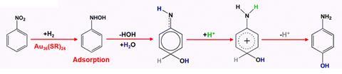 Reaction pathway involving the reduction of a nitrobenzene derivative. The process includes adsorption of intermediates