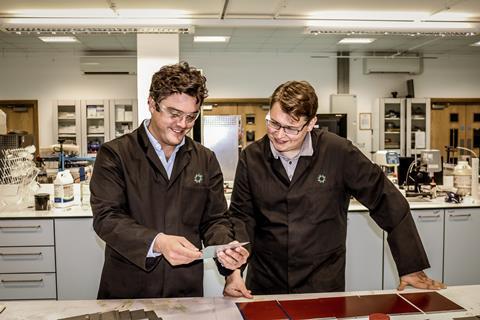 An image showing Dr Patrick Dodds and Calvin Richards with Hexigone samples