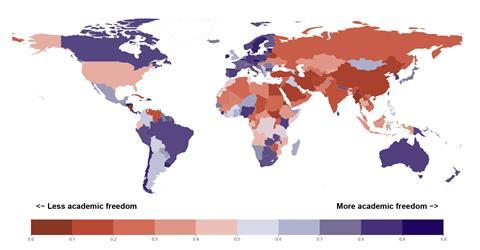 World map showing the State of Academic Freedom in 2025