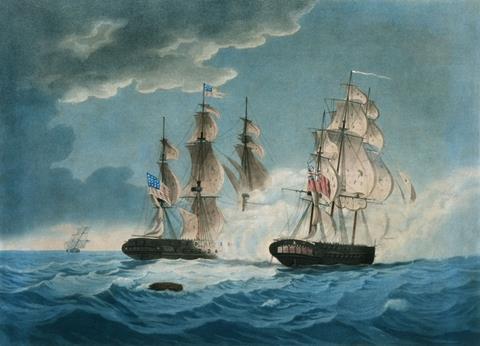 A Thomas Butterworth painting depicting the HMS Endymion and USS President at around 7:00 pm on the night of January 15th, 1815 when the ships turn to the South and brailed up their spankers in order to exchange broadsides.