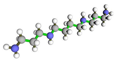 Spermine 3D molecular structure. A compound first found in human sperm by Anton van Leeuwenhoek