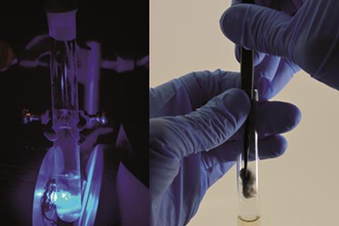 Photo showing 2 images side by side, demonstrating a reaction setup under LED irradation