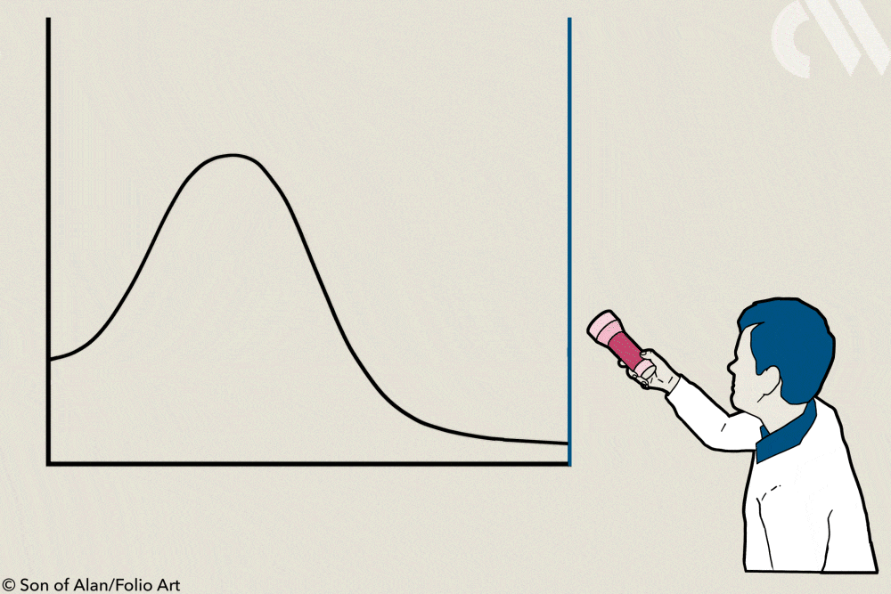 Gif depicting a man with a flashlight illuminating a questionable curve on a graph