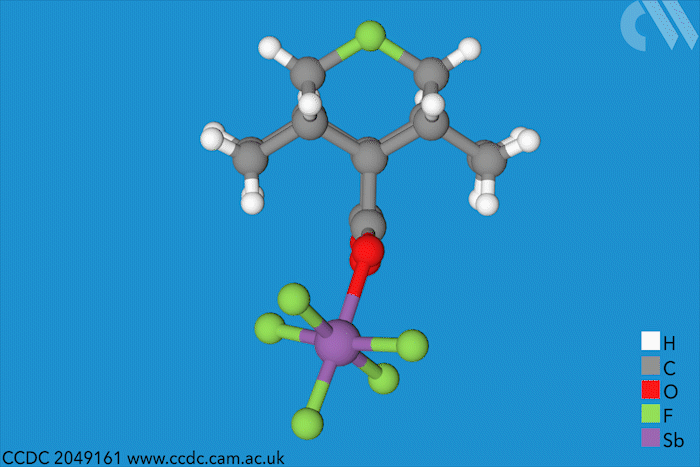 Gif showing rotating 3D molecule with key assigned to carbon, hydrogen etc