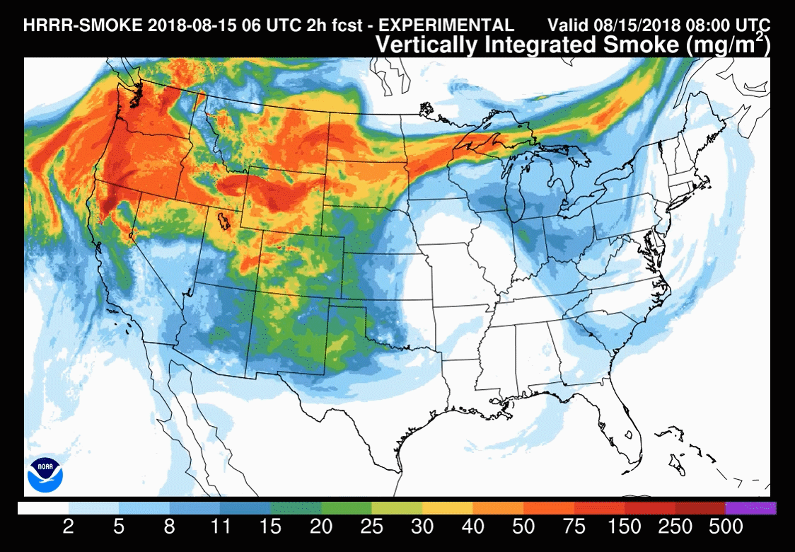 A graph model showing how the smoke produced by a wildfire in California is travelling all the way to New York