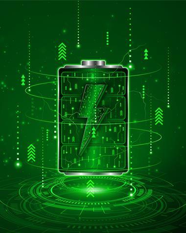 Stylised battery illustration showing a cylindrical battery with a lightning bolt design and arrows pointing upwards